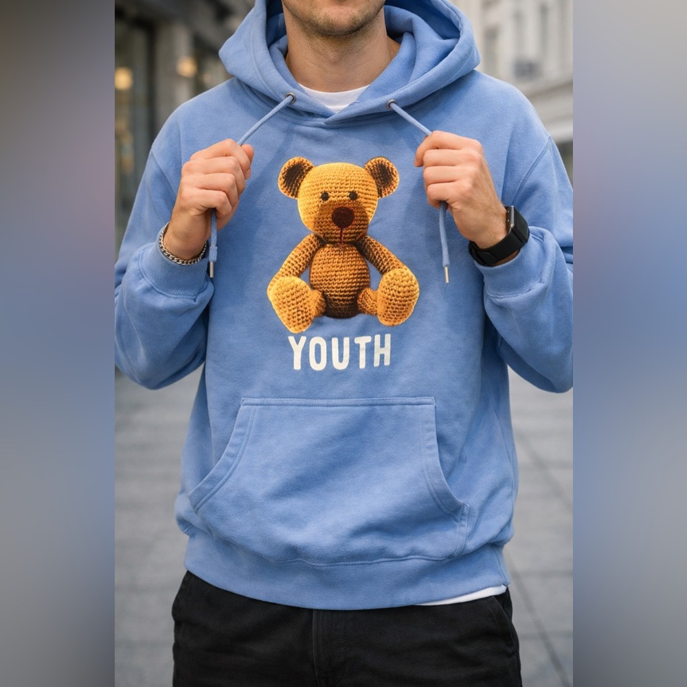 Fashion Nova Men Blue Teddy Bear Hoodie Youth Graphic Size M